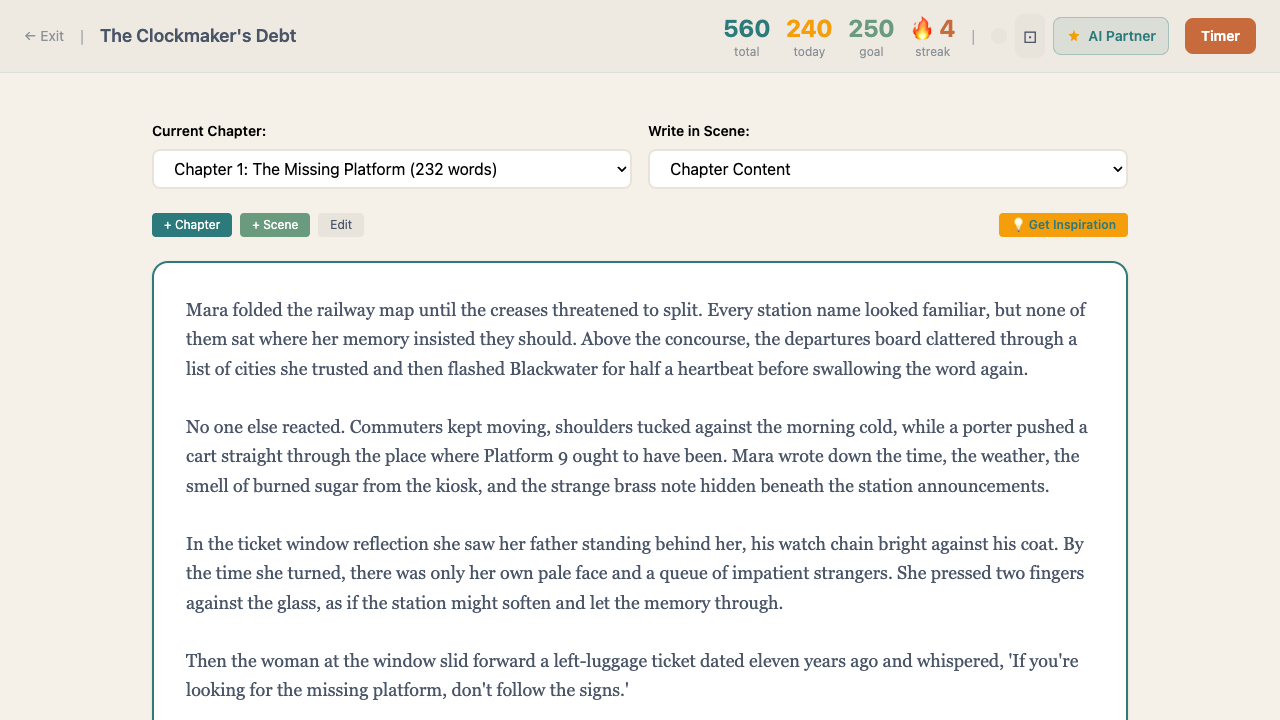 Focus writing mode with chapter selector, scene selector, AI partner toggle, timer, and distraction-free editor